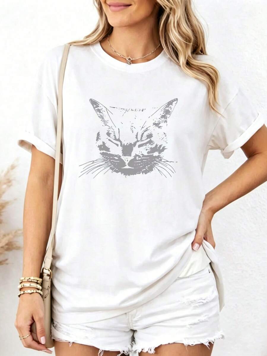 Women's Fashion Print Short Sleeve T-Shirt, Casual Round Neck Graphic Tee, Lightweight Soft Summer Tops, Versatile Streetwear - White - View 1