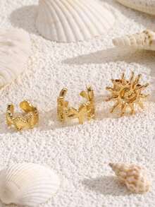 3pcs Bohemian Style Gold Starfish & Sun Clip-On Earrings, Fake Ear Cuff Earrings, Summer Beach Jewelry For Women - Yellow Gold - View 4