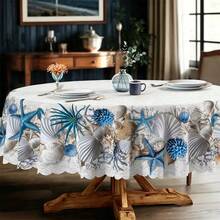 1 pieza Mantel de playa de poliéster 2D, estampado de estrella de mar azul y coral, redondo/rectangular, decoración náutica y de villa de playa para cocina, estilo casual para brunch y reuniones familiares en la playa, arreglo para patio trasero y balcón, estética de cafetería y tienda de playa, acento para sala de estar y comedor, uso diario en interiores y exteriores - Multicolor - Ver 2