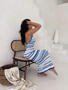 Summer Vacation Sexy Hollow Out Sleeveless Fitted Knit Camisole Striped Women Beach Dress - Baby Blue - View 2