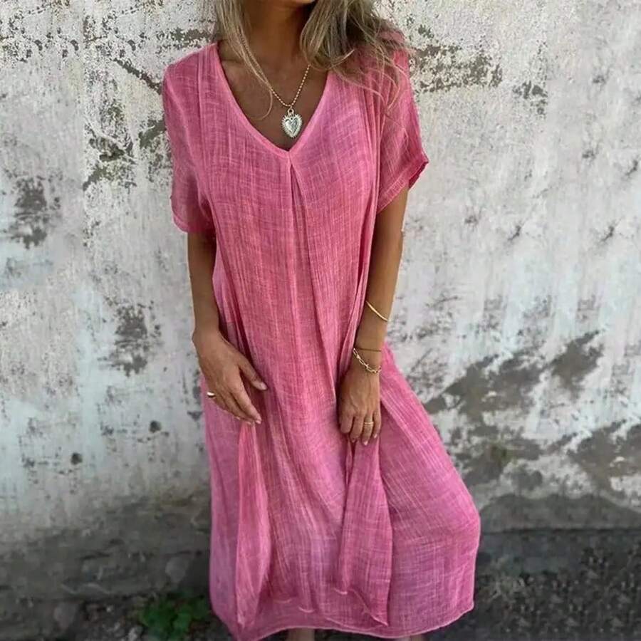 Vestido holgado de lino y algodón de estilo bohemio para mujer, traje largo, suave y transpirable, con cuello en V, Estilo Vintage, para playa, 2024 - Rosa - Ver 1