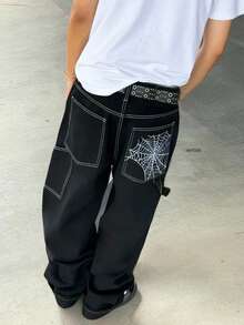 Fashion Street Hip Hop Spider Web Embroidered Straight Loose Wide Leg Denim Jeans For Men With Back Pocket Embroidery Design - Black - View 1