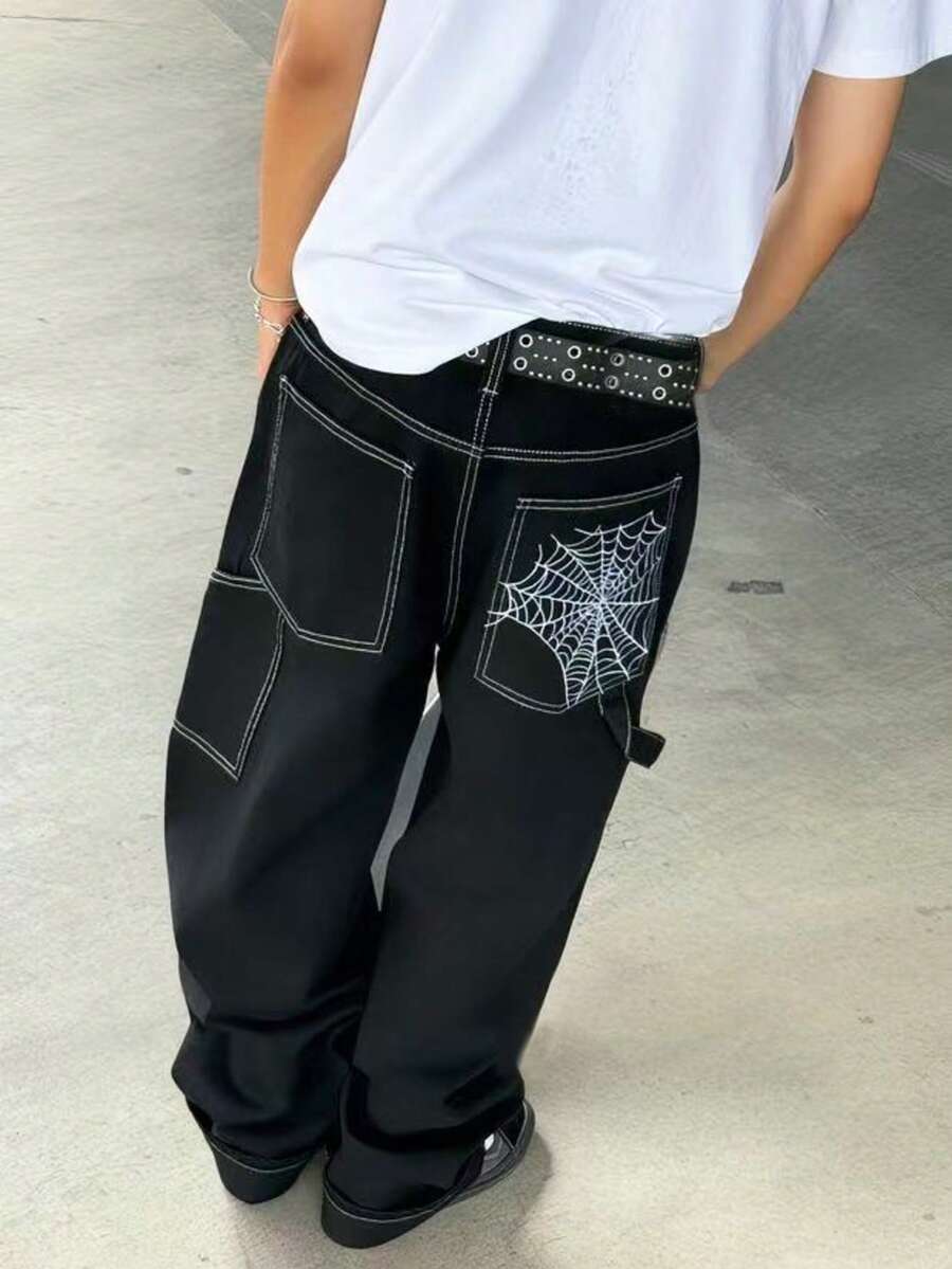 Fashion Street Hip Hop Spider Web Embroidered Straight Loose Wide Leg Denim Jeans For Men With Back Pocket Embroidery Design - Black - View 1