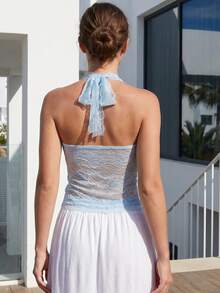 Women's Halter Crop Tops Stylish Solid Sheer Lace Floral Pattern Sleeveless Lace Tank Tops Perfect For Summer - Blue - View 6
