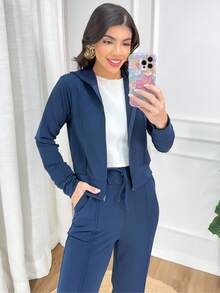 Women's Stylish Tracksuit Set: Sweatshirt With Trim, Hood, And Zipper, And Wide-Leg Pants With Side Pockets - Elegant Winter Jacket, Wide-Leg Pants, Long-Sleeved Top, Basic Comfortable Premium Comfy Warm Thick Navy Blue. - 藏蓝色 - 查看 6