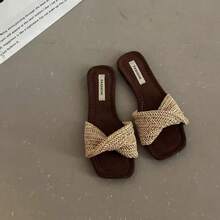 Sandal Selop Tenun Sol Tebal Ujung Persegi Bergaya Prancis untuk Wanita, Sandal Platform Wedges Chic untuk Liburan - Khaki - View 5