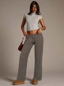 Pantalones de pierna ancha con estampado de rayas y nudo a la cintura de baja altura para mujer, pantalones de verano para mujer, conjunto de verano para mujer, ropa de playa para mujer, pantalones casuales para mujer, pantalones a rayas para mujer, pantalones con cordón, conjunto de verano para mujer - Caqui - Ver 6