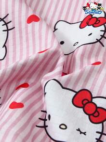 SANRIO 三丽鸥女士睡衣套装，Hello Kitty条纹爱心印花短袖口袋上衣和蝴蝶结短裤休闲家居服 - 粉色 - 查看 8