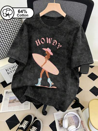 大码女式休闲“HOWDY Surfer Girl”复古雪洗短袖T恤，Y2K假日风夏季上衣，黑色