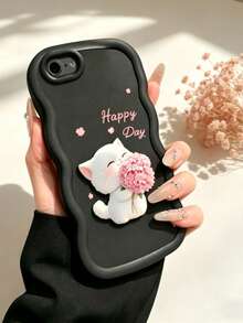1pc Cute Bouquet Cat Printed Macaron Phone Case - Black - View 4