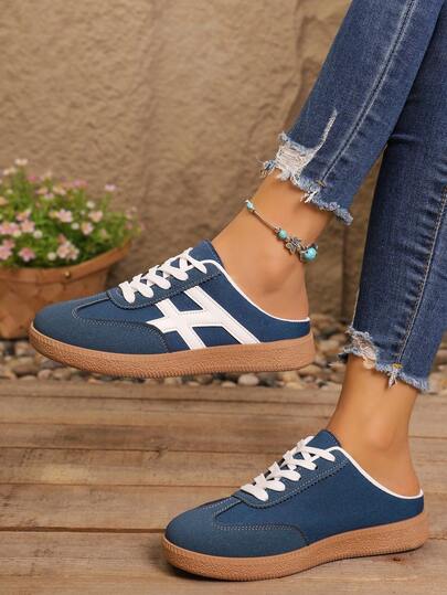 Zapatos tipo mule de lona azul vaquero con cierre deslizante para mujer, zapatillas informales sin talón transpirables para el verano