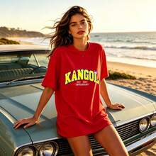 Casual Oversized Style Women's T-Shirt Kangol Logo Print Summer Beach Wear Gift For Her - 黑色 - 查看 4