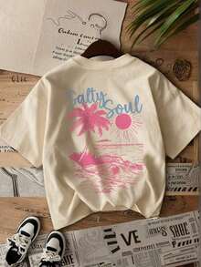 SALTY SOUL Women's Short Sleeve Crew Neck T-Shirt With Tree And Sun Print, Casual Style, Perfect For Beach Vacations, Spring/Summer, Fashionable, Your Essential Item For Everyday Vacation Wear. Women's Graphic Vacation T-Shirt - 杏 5 - 查看 5