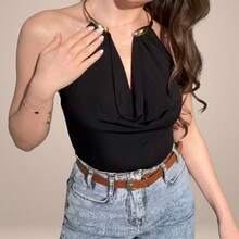 Women's Bodysuit With Cowl Neckline, Draped Detail, And Gold Choker - Elegant And Sensual For Parties, Clubs, And Parties - 黑色 - 查看 3