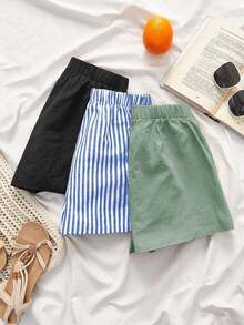 Set de 3 pantalones cortos de lino de colores múltiples tejidos de moda para mujer en verano, para festival de verano para mujeres - Multicolor - Ver 3