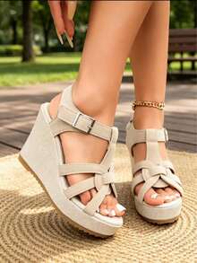 New Summer Platform Wedge Sandals, Thick Sole Waterproof Elevated Slimming Shoes - Apricot - View 4