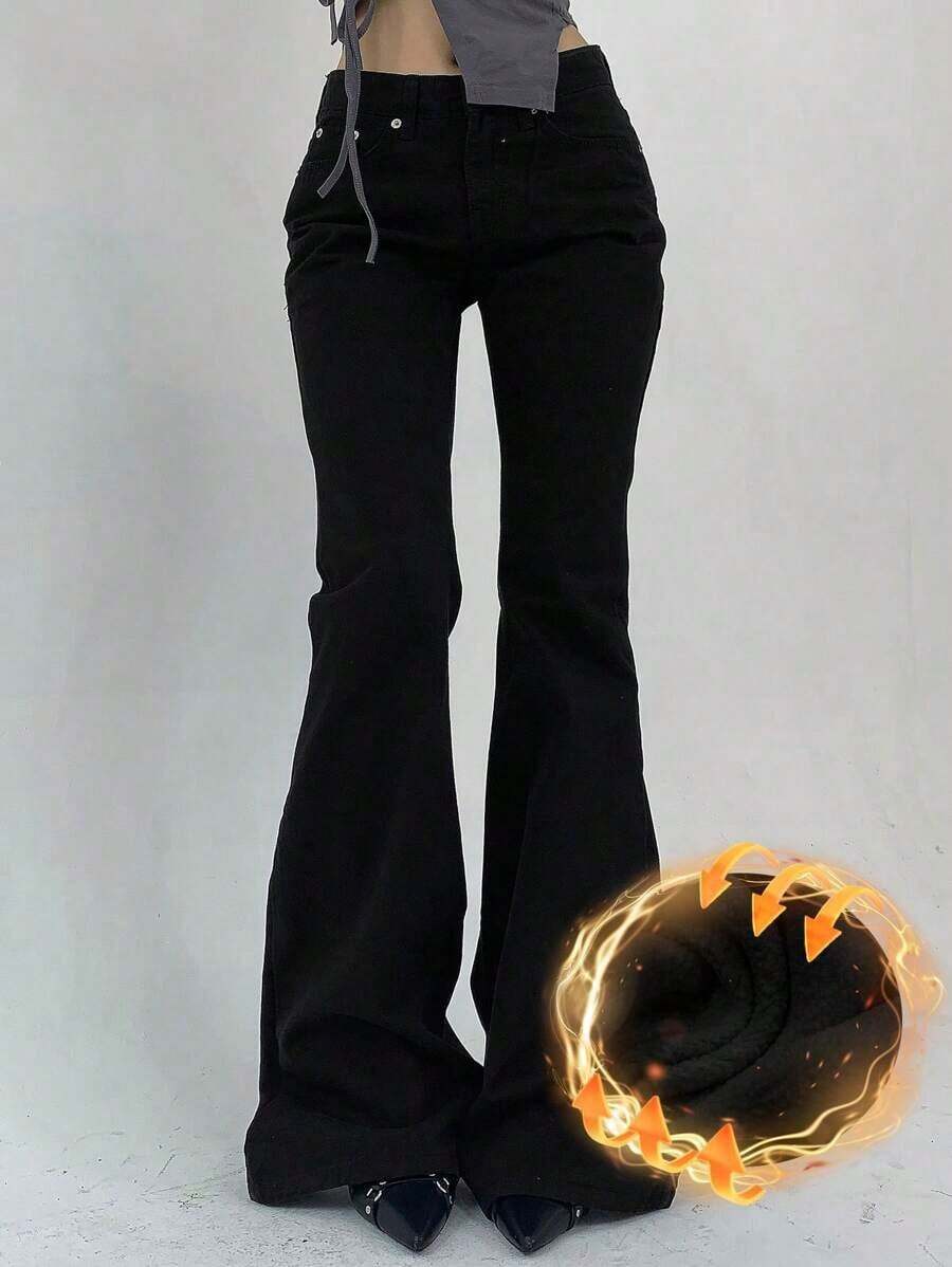 Jeans de tiro bajo con diseño de bolsillo, estilo casual y versátil - Negro - Ver 1