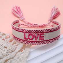 1pc Embroidered Love Letter Boho Handmade Tassel Braided Bracelet - Hot Pink - View 6