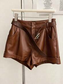 Pantalones cortos plisados de unicolor de piel de PU para mujer, estilo casual y de oficina - Marrón - Ver 3