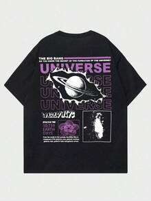 Premium Casual Unisex T-Shirts ROMWE MEN Street Life Spring/Summer Men's Casual Cotton Graphic T-Shirt With Planet And Slogan Print - 黑色 - 查看 1