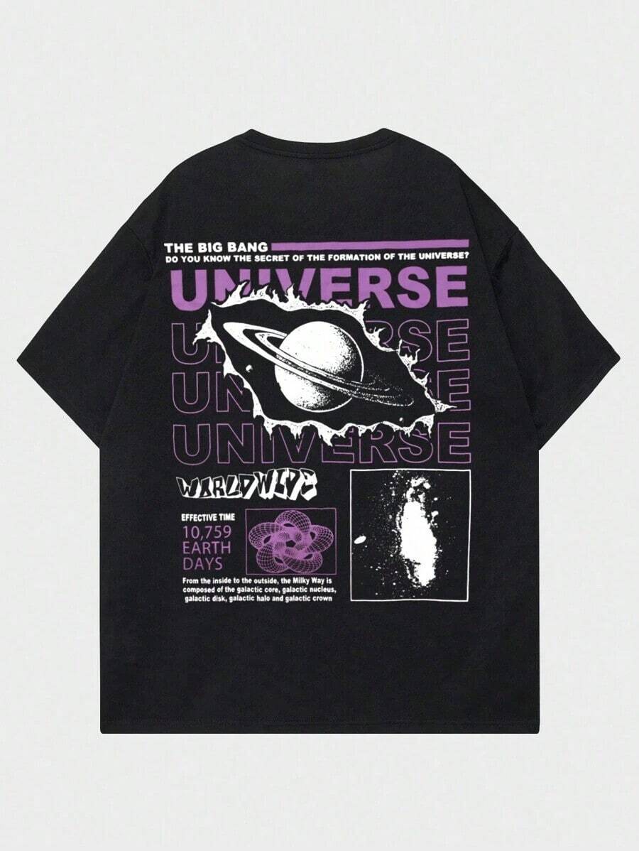 Premium Casual Unisex T-Shirts ROMWE MEN Street Life Spring/Summer Men's Casual Cotton Graphic T-Shirt With Planet And Slogan Print - 黑色 - 查看 1