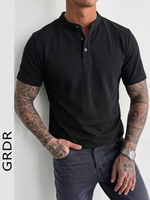 GRDR 男士时尚纯色亨利领短袖T恤 | 精致设计 | 夏季必备 | 百搭易穿 | 展现您的时尚风格 - 黑色 - 查看 4