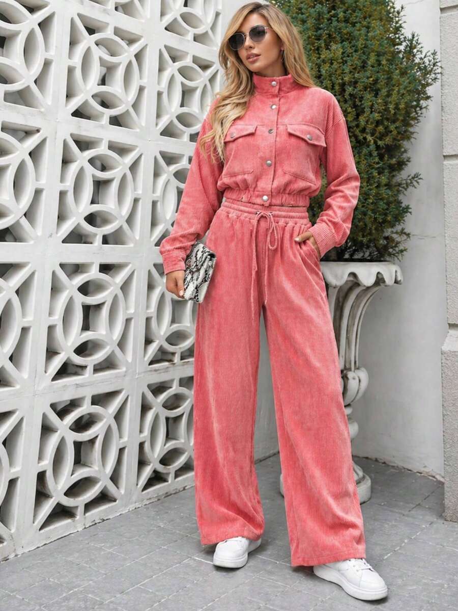 Women's Corduroy Long Sleeve Two-Piece Set, Elegant Casual Aerolook, Perfect Fit, Jacket With Buttons And Functional Pockets, Sizes M And L, Premium Quality, Various Colors Available, Autumn/Winter Season, Warm - 珊瑚粉 - 查看 1