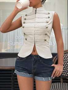 Muchic Chaleco ajustado con cremallera frontal en color caqui claro para mujer - Caqui - Ver 5