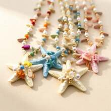 Seaside Vacation Colored Starfish Pendant Beaded Necklace, Long Stylish Ornament For Women - Hồng - Xem 4