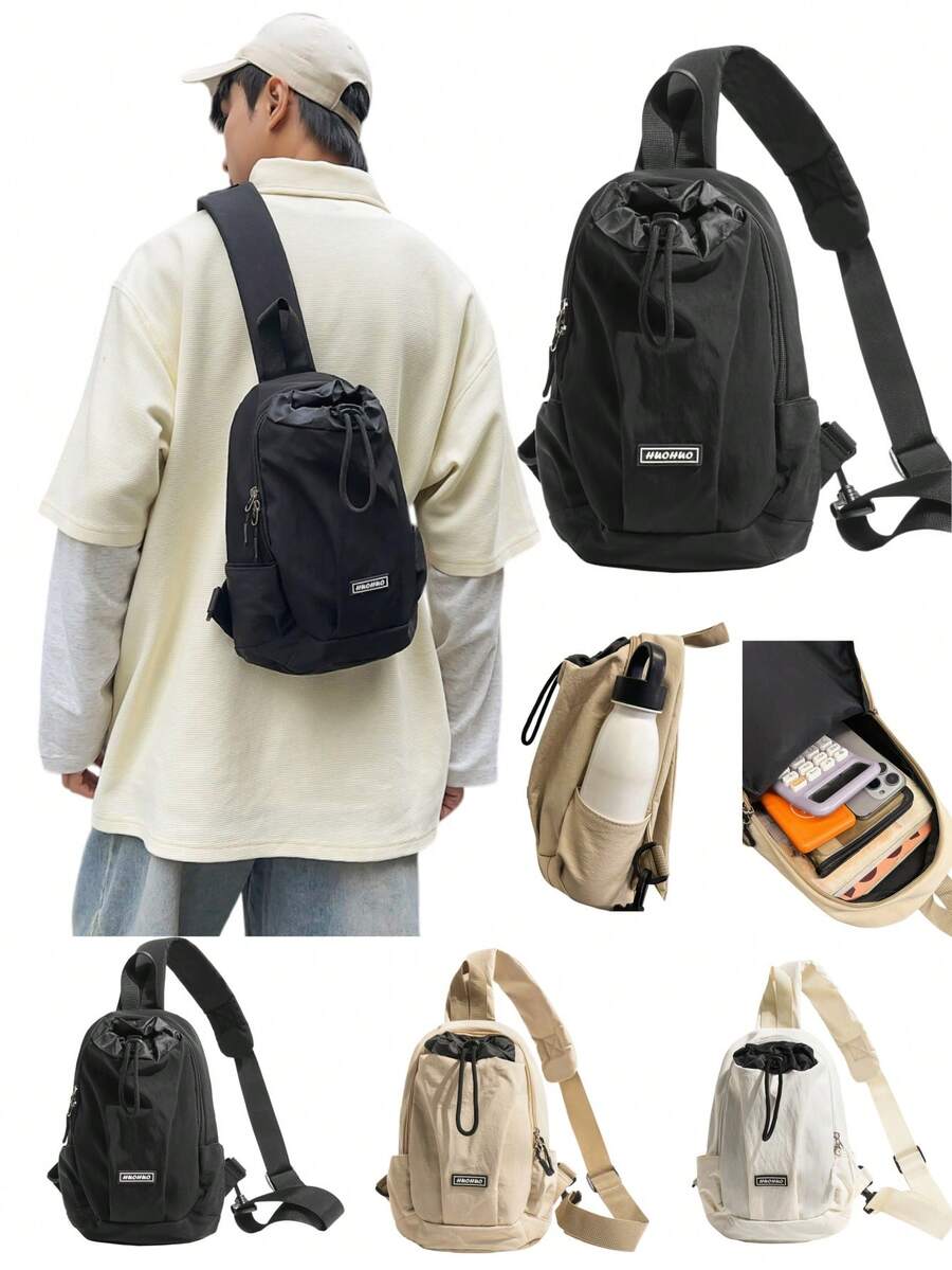 Lightweight Drawstring Crossbody Sling Bag | Men's Black Nylon With Side Pocket | Adjustable Wide Strap Water-Resistant - Multicolor - View 1