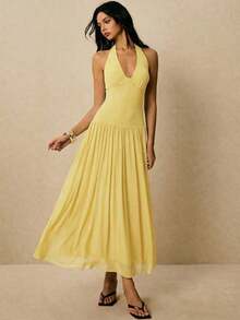 Women's Classic Polka Dot Printed Sleeveless Long Dress Casual Slim Fit Maxi Dress Elegant Summer Outfit For Vacation Beach Wedding Guest Party Daily Casual Wear - 黃色 - 查看 3