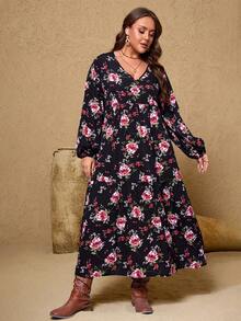 Nuevo vestido Midi estampado negro elegante, ropa de talla grande para mujer, vestido Floral bohemio, vestidos de fiesta de cóctel y graduación a la - Negro - Ver 3