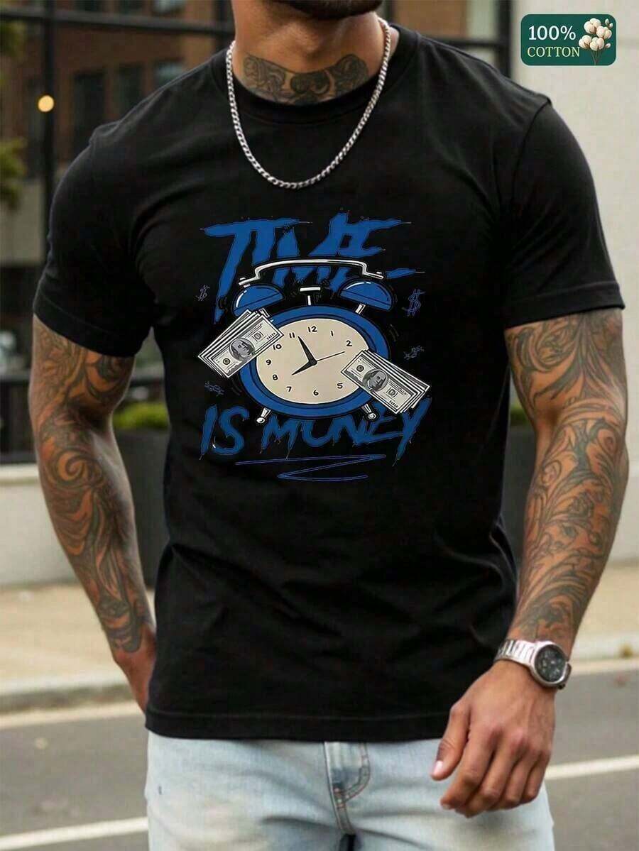 Unisex Short-Sleeve Crew Neck T-Shirt Made Of % Cotton - 'Time Is Money' Basic Graphic T-Shirt For Summer, Tops For Men ERLZ - Black - View 1