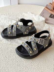 1 Pair Kids Rivet Criss-Cross Thick Sole Casual Sandals, Summer New Soft Non-Slip Toddler Outdoor Beach Slippers, Unisex Versatile - Grey - View 5