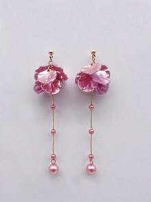 Korean Style Floral Faux Pearl Chain Dangle Earrings, Elegant Sweet Girl Ear Accessories Christmas Decorations Home Christmas Gifts Christmas Decor - 白色 - 查看 8
