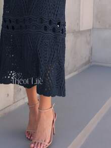 Elegant Women's Midi Knit Dress With Long Sleeves And Lace, Mermaid Style, Ideal For Winter Parties, Shapes The Body. - 藏蓝色 - 查看 4