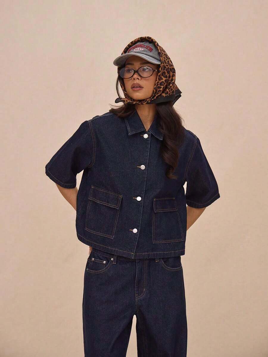 Boxy Fit Collared Button Through Mid Sleeve Denim Top Only Summer Casual Cute Vacation The Book Shop Festival Concert Western Back To School Streetwear Work Office Winter Nashville Chic Spring - Dark Wash - 查看 1