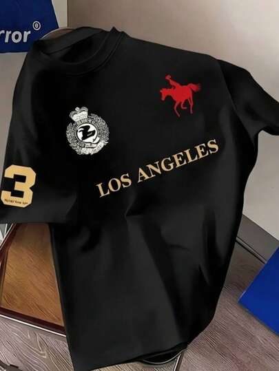 1 chiếc áo thun ngắn tay kiểu sinh viên Mỹ dành cho bé trai tuổi teen, in hình "LOS ANGELES", áo mùa hè cho trẻ em in biểu tượng ngựa, áo thun cổ tròn thoải mái với logo số trên tay áo, màu trắng, đa năng.