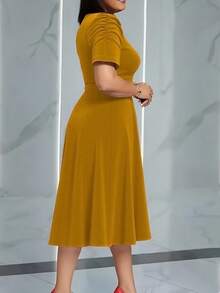 Elegant Midi Dress For Women, Puff Sleeve Belted A Line Dress, Work Office Wedding Guest Bridesmaid Dress, Modest Church Outfit, Plus Size - Màu vàng được phóng to - Xem 3