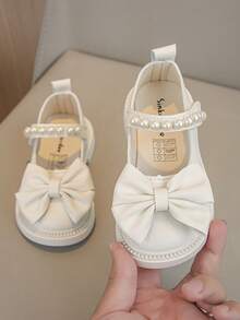 1 par de zapatos planos de estilo princesa con decoración de lazo y acento de perlas para niñas, adecuados para la primavera - Beis - Ver 4