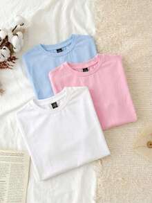 Conjunto de 3 piezas de camisetas de manga larga de ajuste ceñido con cuello redondo, estilo minimalista casual, 95% algodón, para mujer - Multicolor 13 - Ver 3