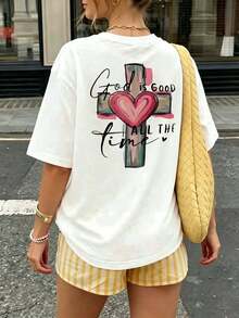 Women's Pink T-Shirt With A Cross And Heart Graphic, "God Is Always Good", Short Sleeves, Round Neck, Soft, Comfortable, Loose Casual Fit. Ideal For Church And Everyday Summer Wear. - 白色 - 查看 3