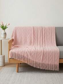 1pc Wavy Pattern Blanket, Nordic Style Acrylic Rectangular Tassel Solid Color Sofa Cover Blanket, Bedding Decor Throw Rug, Nap Blanket, Knitted Blanket - Vertical Diamond-shaped Powder - View 3