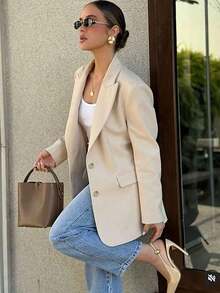 Chaqueta casual de mujer con solapa con muesca y botones, elegante y de moda, adecuada para ir al trabajo y uso casual diario en primavera - Beis - Ver 7