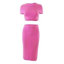 Conjuntos de vestidos para mujer, Tops cortos de manga corta y falda a media pantorrilla, conjunto de 2 uds, trajes ajustados de oficina para mujer, ropa de verano QX2413 - Rosa Roja - Ver 6