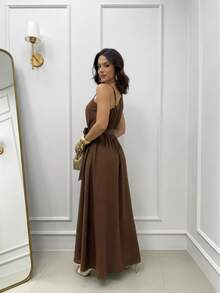 Women's Long Dress With Thin Straps And Bow, Elegant, Chic Party, Wedding, Graduation, Modest Fashion, Padded Bra, Size 3. - Chocolate Brown - View 2