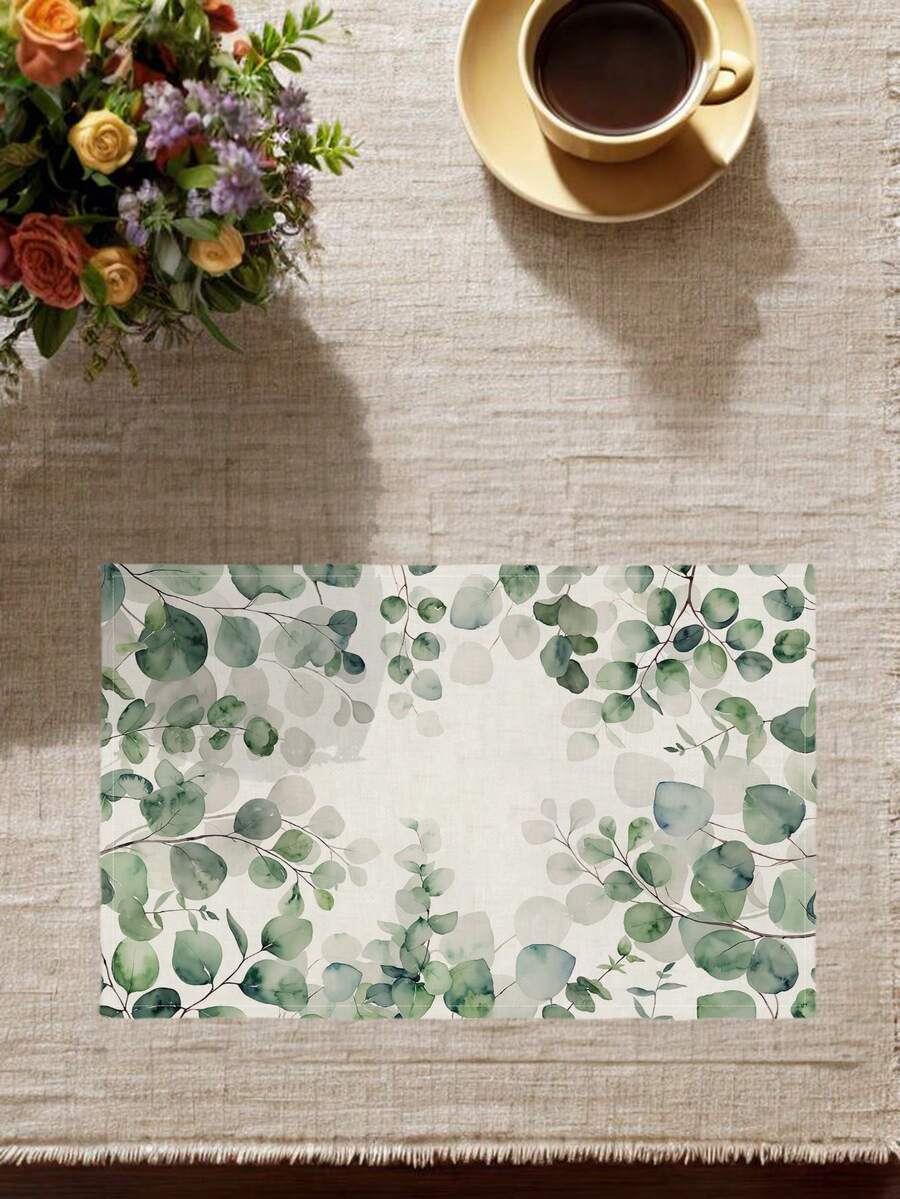 4Pcs Green Watercolor Eucalyptus Leaf Placemats With Gold Lines. Farmhouse Heat-Resistant Placemats For Terrace Round Tables, Holiday Parties, Kitchens, Home Dining Tables, Tea Parties, Etc. - Pastel Green - View 1