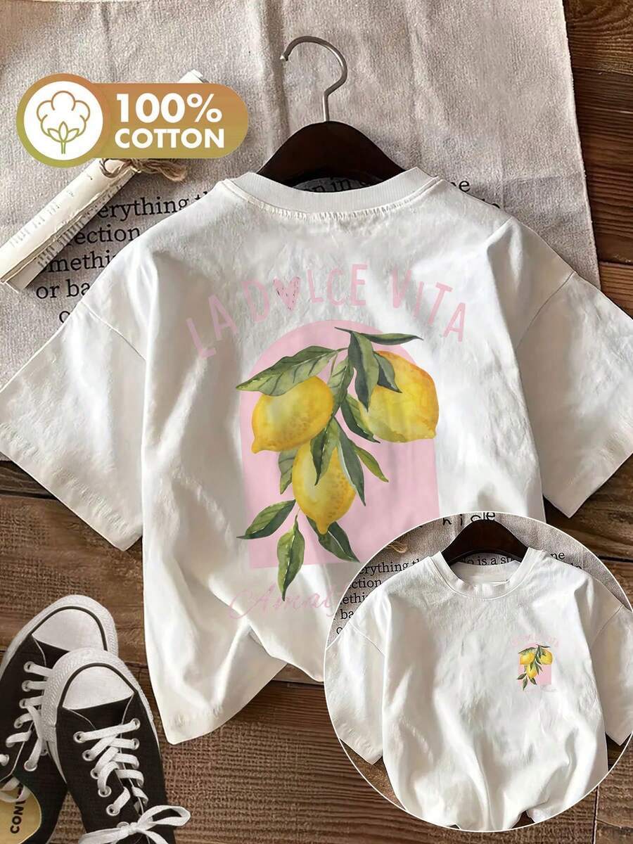 Summer Tops [Double-Sided Print] Women's Top In Fresh Watercolor Style With Lemon Branches And Leaves Print LA DOLCE VITA Short-Sleeve Crew Neck Pure Cotton T-Shirt [Ling K] Cotton T-Shirt - White - View 1