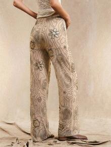Pantalones rectos holgados de estilo bohemio con patrón de cuentas en color marrón para mujer, de verano - Albaricoque - Ver 7