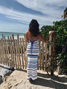 Summer Vacation Sexy Hollow Out Sleeveless Fitted Knit Camisole Striped Women Beach Dress - Baby Blue - View 3